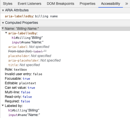 Chrome ডেভেলপার টুলস aria-লেবেল দ্বারা ইনপুট অ্যাক্সেসযোগ্য নাম দেখাচ্ছে৷